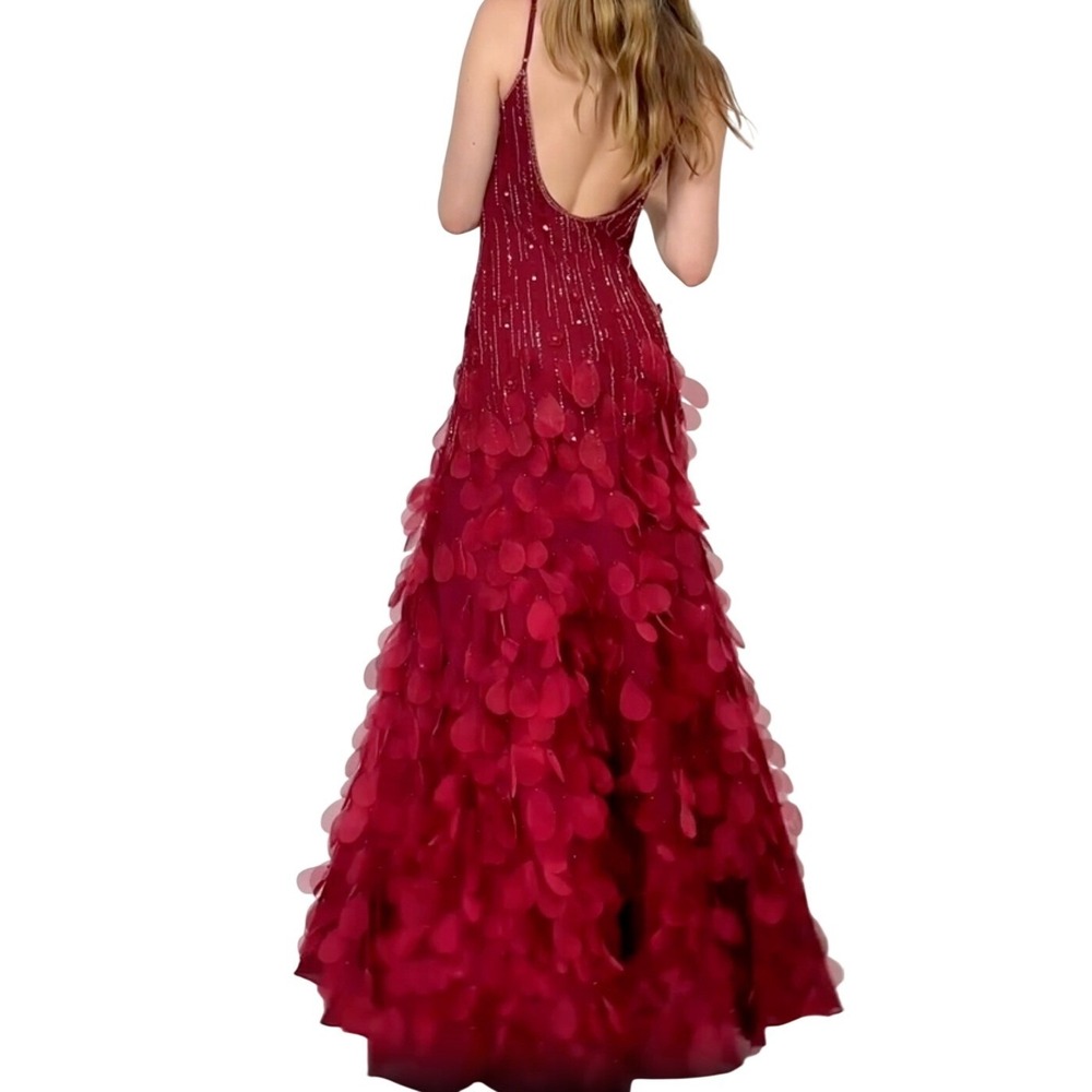RARE Sue Wong Nocturne Red Gown 6 Red Beaded Petal Silk Dress Y2k 2000s Maxi - Picture 2 of 10